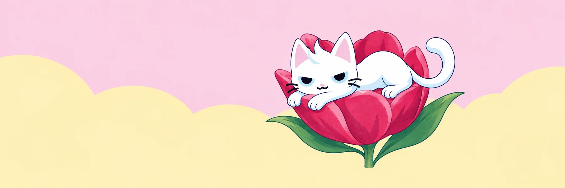 MEW stretching after a nap in a wide tulip garden scene