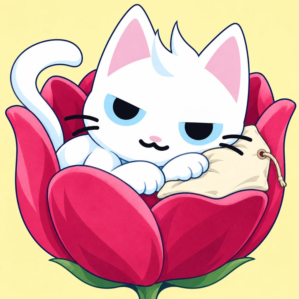 MEW making a pillow from a blank flower tag inside the tulip