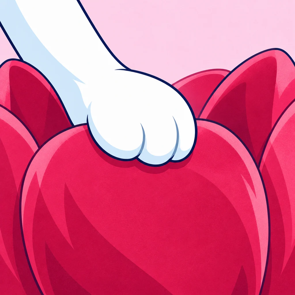 A close view of MEW's paw resting on a raspberry petal