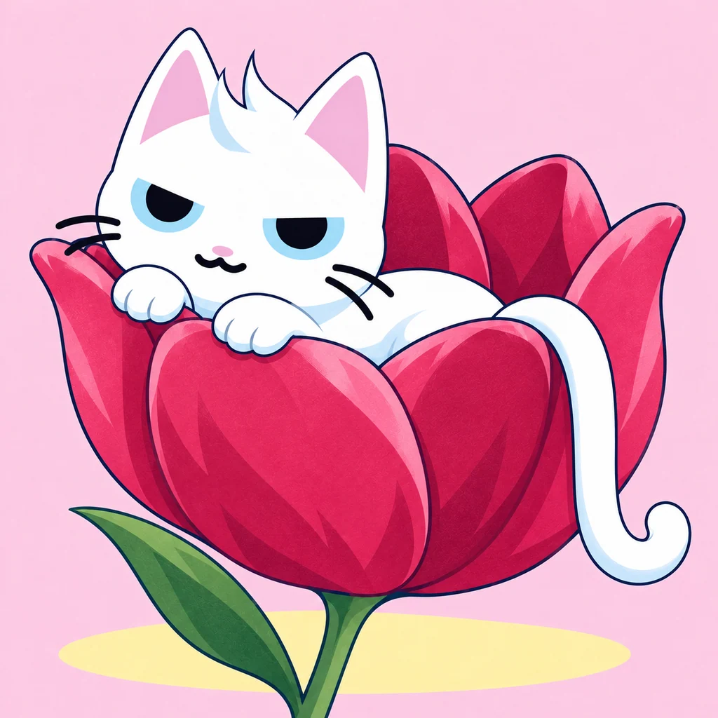 MEW relaxing with his tail over the flower's edge